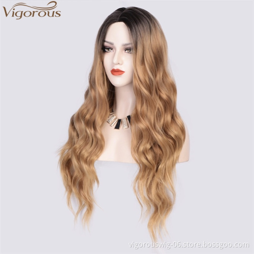 Vigorous Cheap Blonde Wavy For White Women Long Curly Synthetic Party Wigs Heat Resistant Middle Part Wig Brown